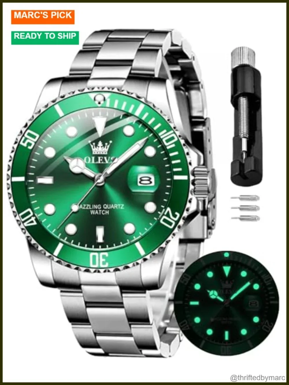 Quartz Analog Watch with Stainless Steel Strap, Luminous Hands, Date Display